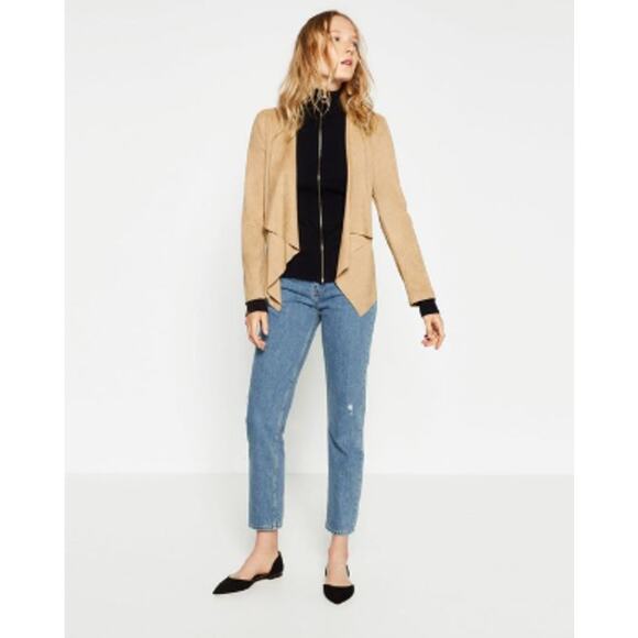 Zara Waterfall Collar Open Front Jacket Women's Size XS in Khaki Suede - Picture 3 of 10